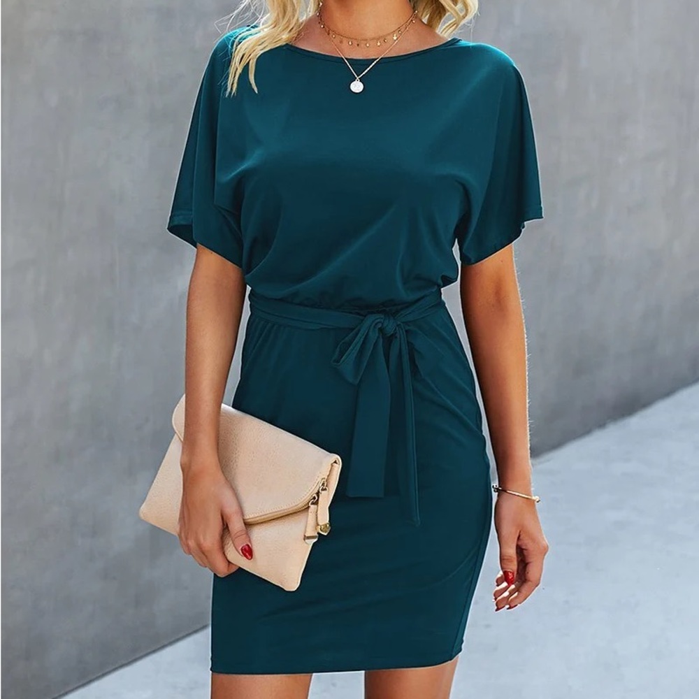 🌟 SHEIN boat neck slant pockets self tie fitted dress🌟